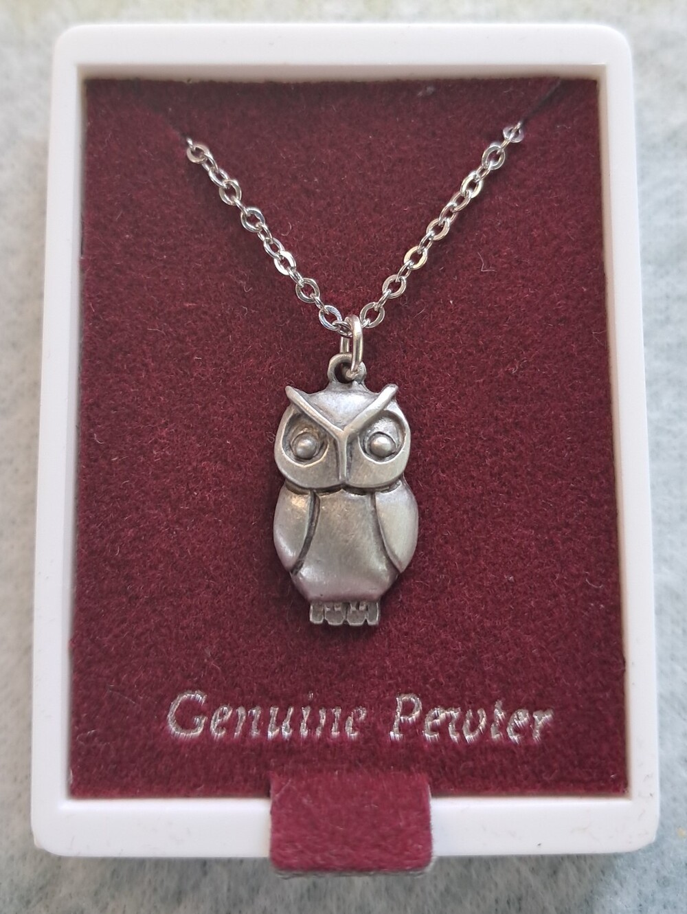 Owl Vintage Genuine Pewter Pendant Necklace In Original Display Box